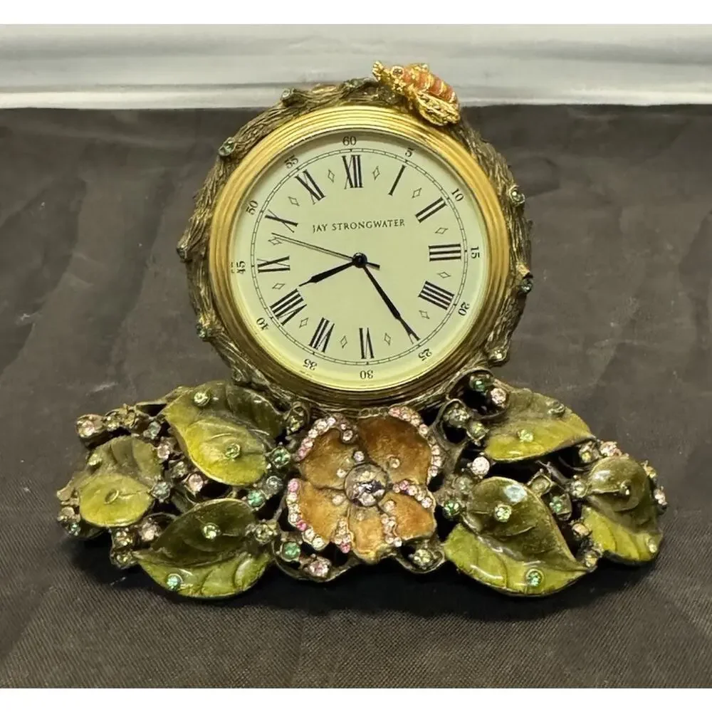 Jay Strongwater Mayfair Table Clock Flowers Bee Enamel & Swarovski Crystals